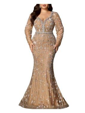 Plus Size Sequin Beaded Mermaid Formal Evening Gown Long Sleeve Prom Dress